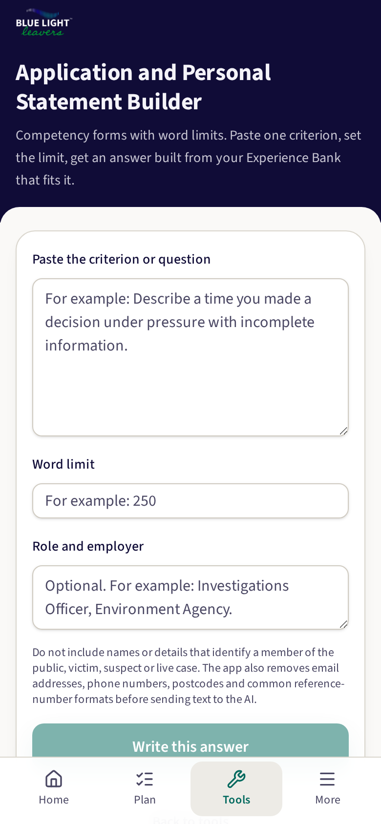 The application form tool, matching evidence to a competency criterion
