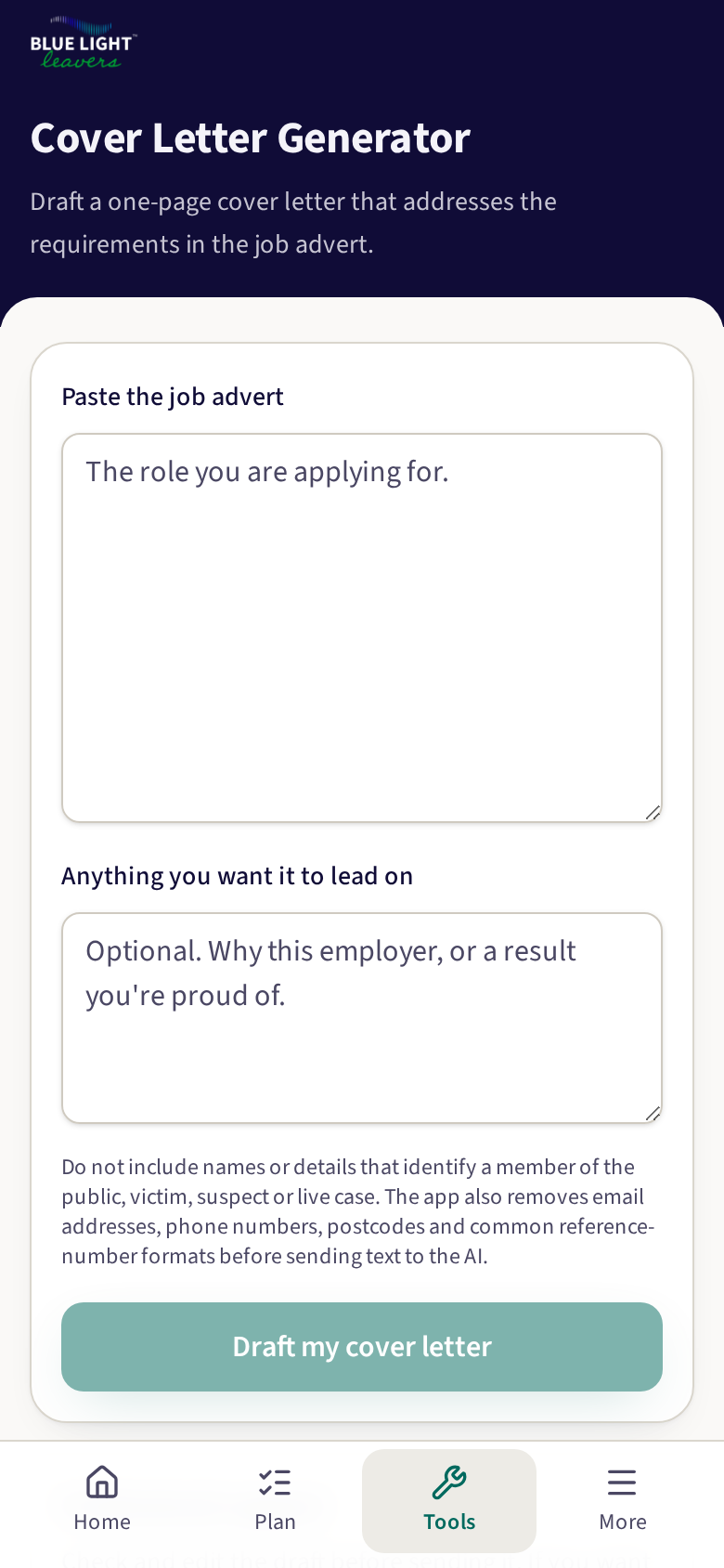 The cover letter tool, drafting a letter from your experience