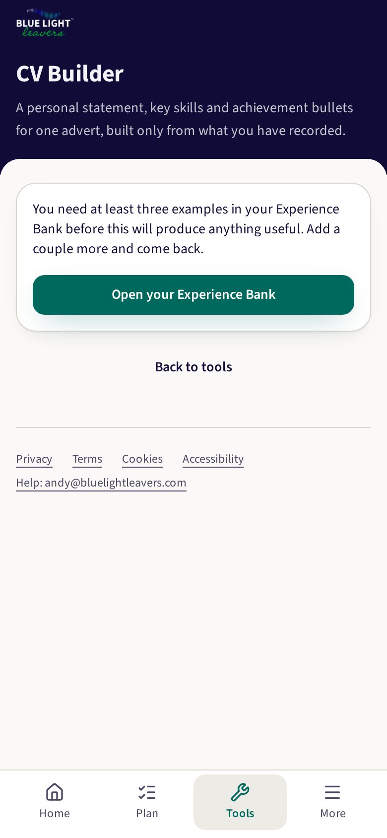 The CV builder tool, with tailored output from logged examples