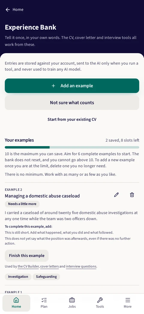 The Experience Bank screen, showing a saved example and what it still needs
