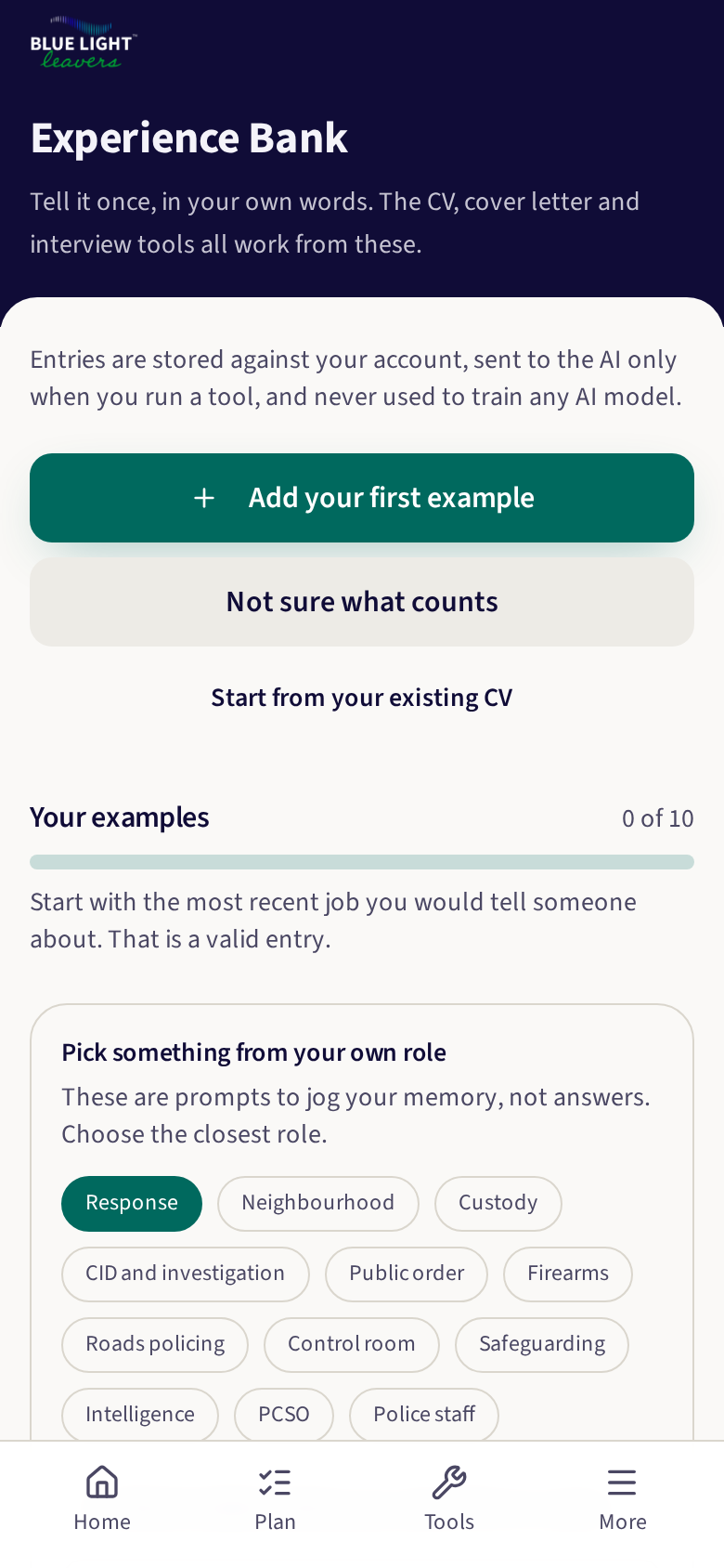 The Experience Bank screen, recording a service example