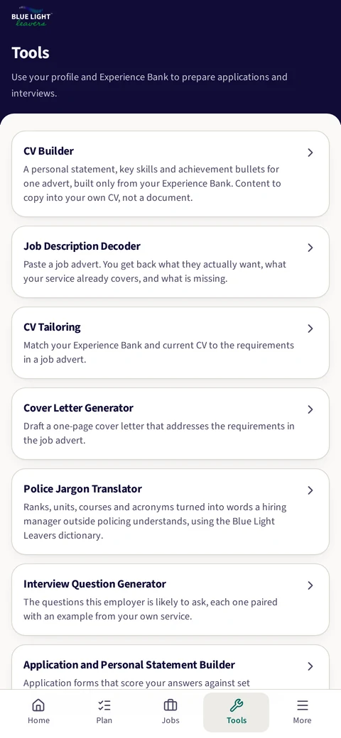 The Blue Light Leavers app tools screen, listing the CV Builder, Job Description Decoder, CV Tailoring, Cover Letter Generator, Police Jargon Translator and Interview Question Generator