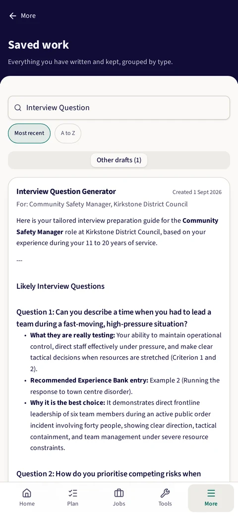 The interview question generator, showing likely questions, what each one tests and the matched example