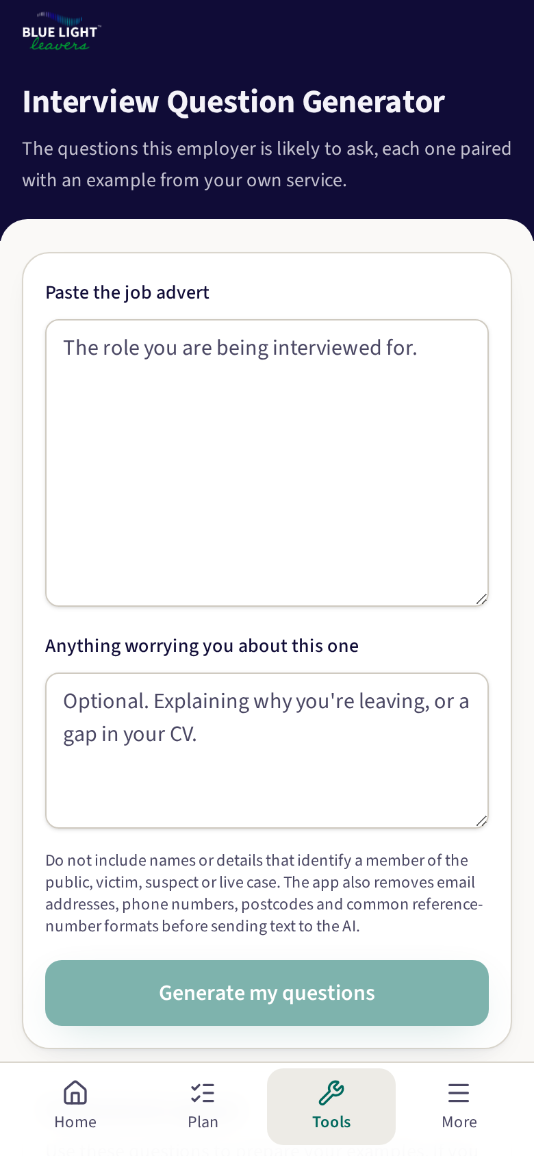 The interview preparation tool, with likely questions and the examples that answer them