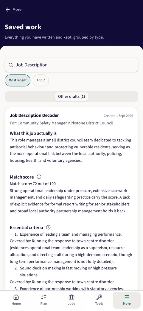 The job advert decoder, showing a match score, each essential criterion and which of your examples covers it
