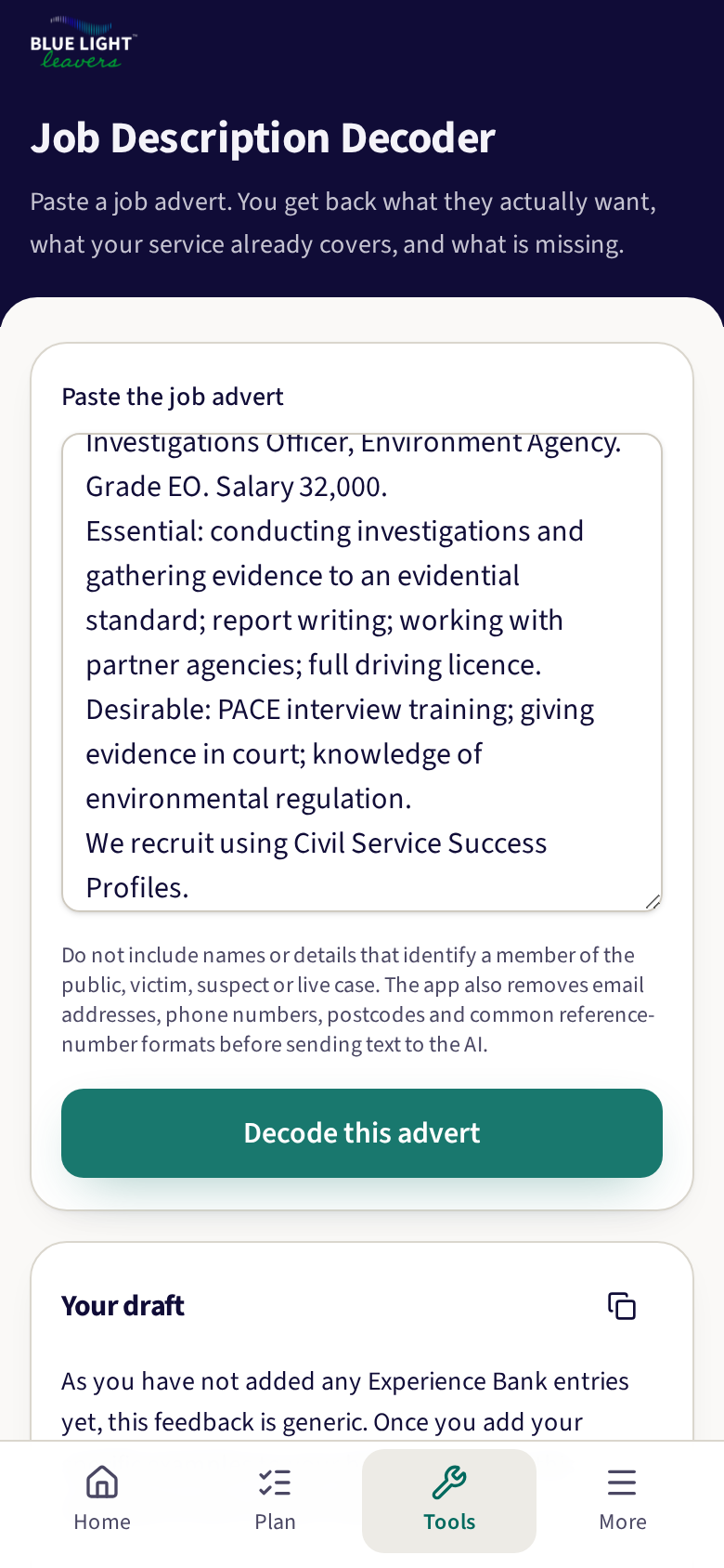 The job advert decoder tool, showing essential and scored criteria