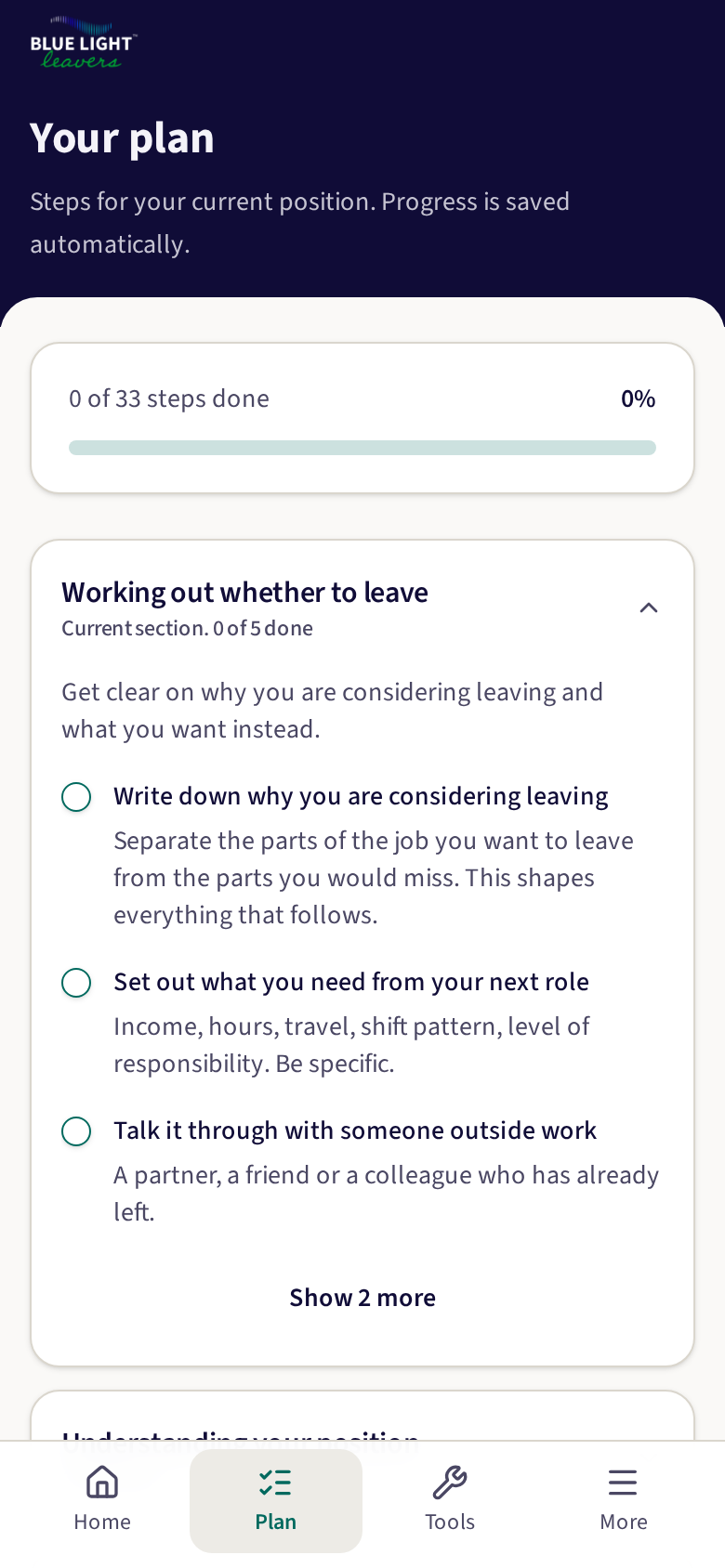 The plan screen, showing the next step and progress