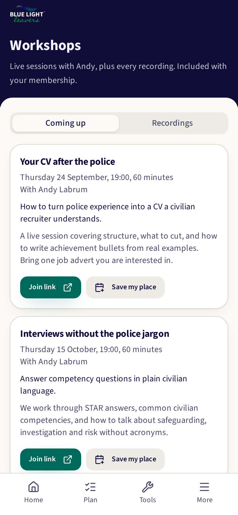 The workshops section, with recordings and links to live sessions
